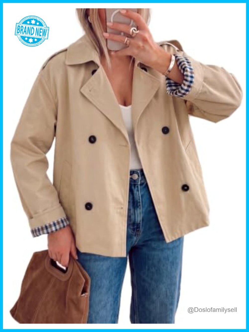 Cropped Trench Coat Double Breasted Plaid Lined Casual Jacket